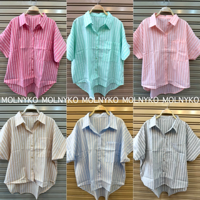 เสื้อเชิ้ตคอปกแขนสั้นลายริ้วใหญ่ทรงน่ารัก