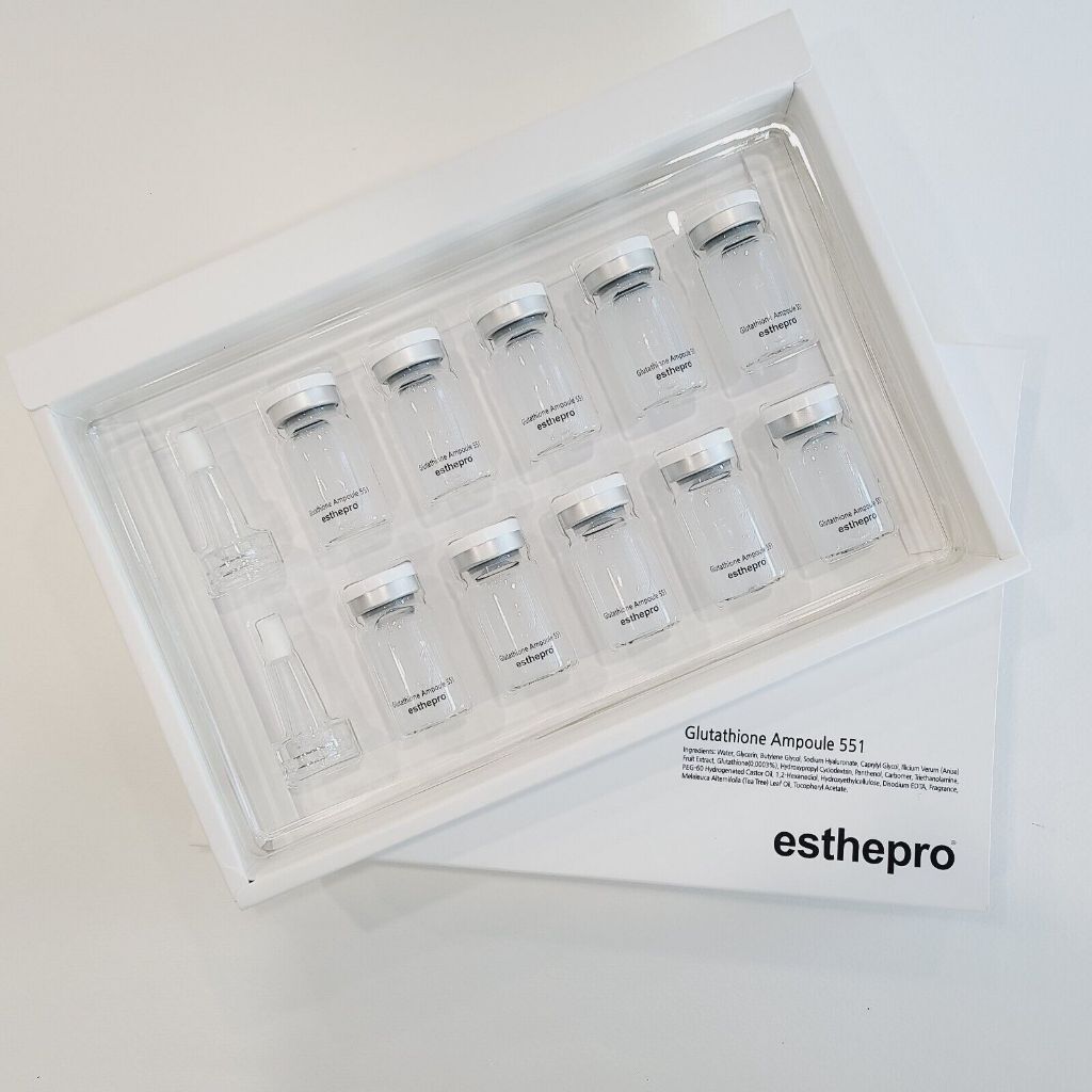 แบ่งขาย 2 ขวด / ยกกล่อง Esthepro Glutathione Ampoule 551 (ขวดละ 8mL) แอมพูลกลูต้าไธโอนเข้มข้น ช่วยบำรุงผิวกระจ่างใส