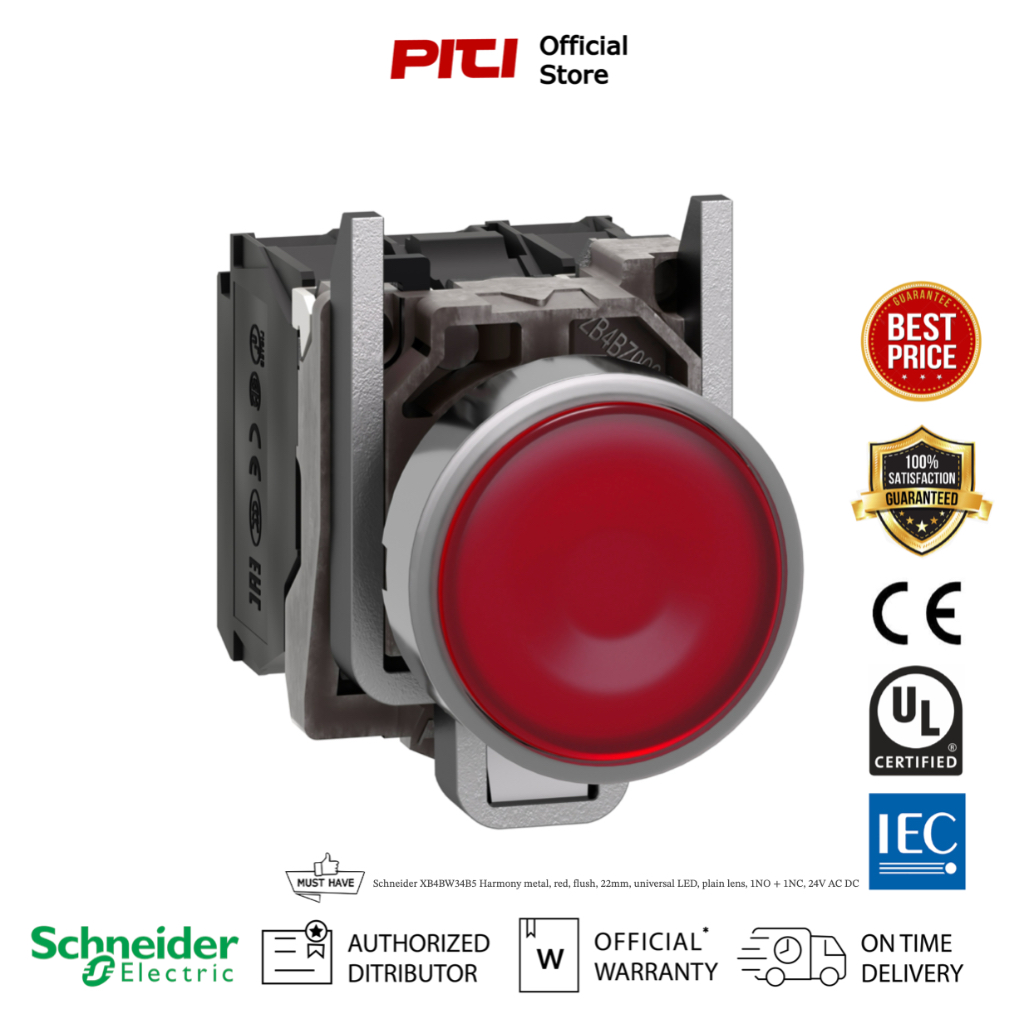 Schneider XB4BW34B5 red, flush, 22mm, universal LED, plain lens, 1NO + 1NC, 24V AC DC.