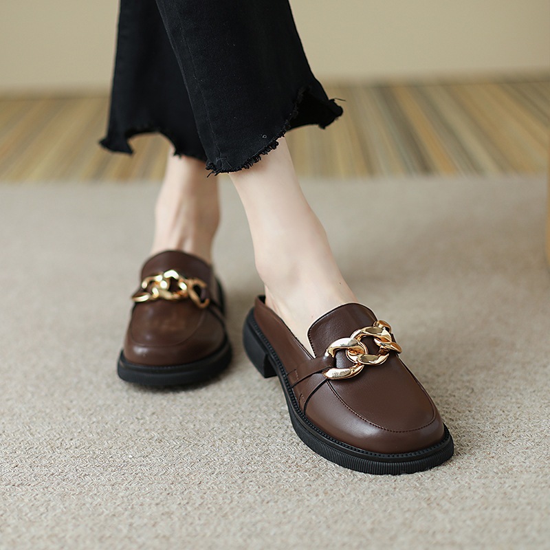 (3304) รองเท้าแตะ ไซส์ 34-43 ส้นสูง 1 นิ้ว หนัง pu เปิดส้น แต่งอะไหลโซ่ใหญ่ งานดี ใส่สบาย