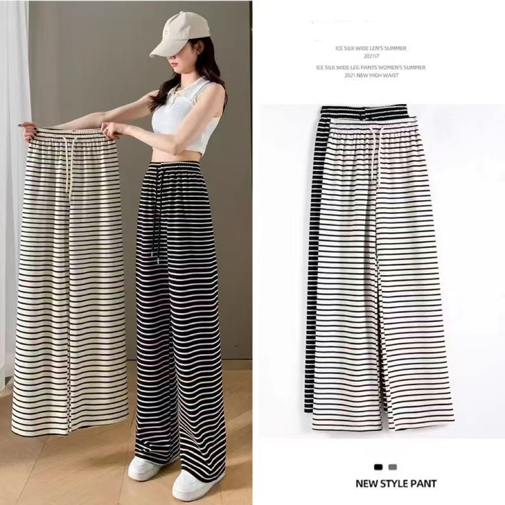 กางเกงขายาวลายริ้ว ผ้าเด้งยืด แมทช์ง่าย ใส่สบายTW.-k
