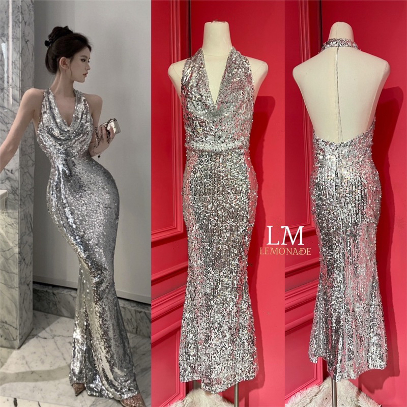 LM : เดรสคล้องคอ ผ้าเลื่อมเปิดหลังเซ็กซี่ ชุดออกงาน ชุดสีเงิน เดรสสีเงิน ชุดไปงานแต่ง เดรสเลื่อม (SML) Premium Quality