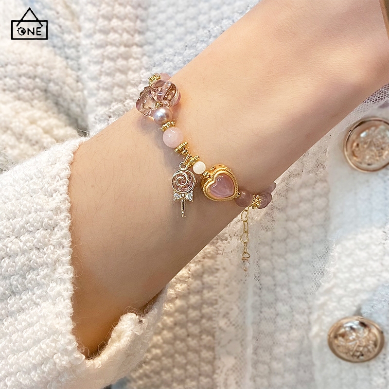 COD สร้อยข้อมือลูกปัดคริสตัลจี้อมยิ้มสีชมพูหวานY2Kสไตล์เกาหลีแฟชั่นระดับไฮเอนด์เครื่องประดับสำหรับผู้หญิงของขวัญ-a.one