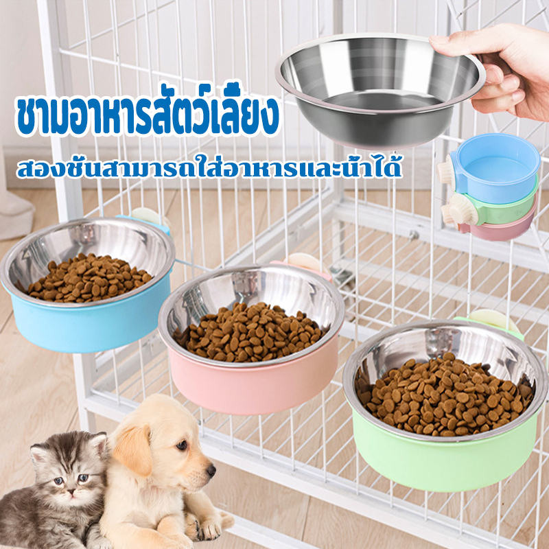 ชามอาหารแมว ชามอาหารสัตว์ ถังด้านในสแตนเลสใช้งานได้นาน 2 in 1 ป้องกันการพลิกคว่ำ มี 3 สี