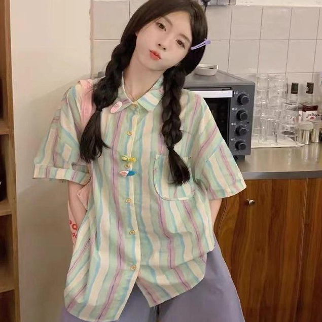 🌻Grace🌻 W358เสื้อเชิ้ตแขนสั้น เสื้อลําลอง งานคอปก ลายทาง ความยาวปานกลาง  เหมาะกับฤดูร้อน