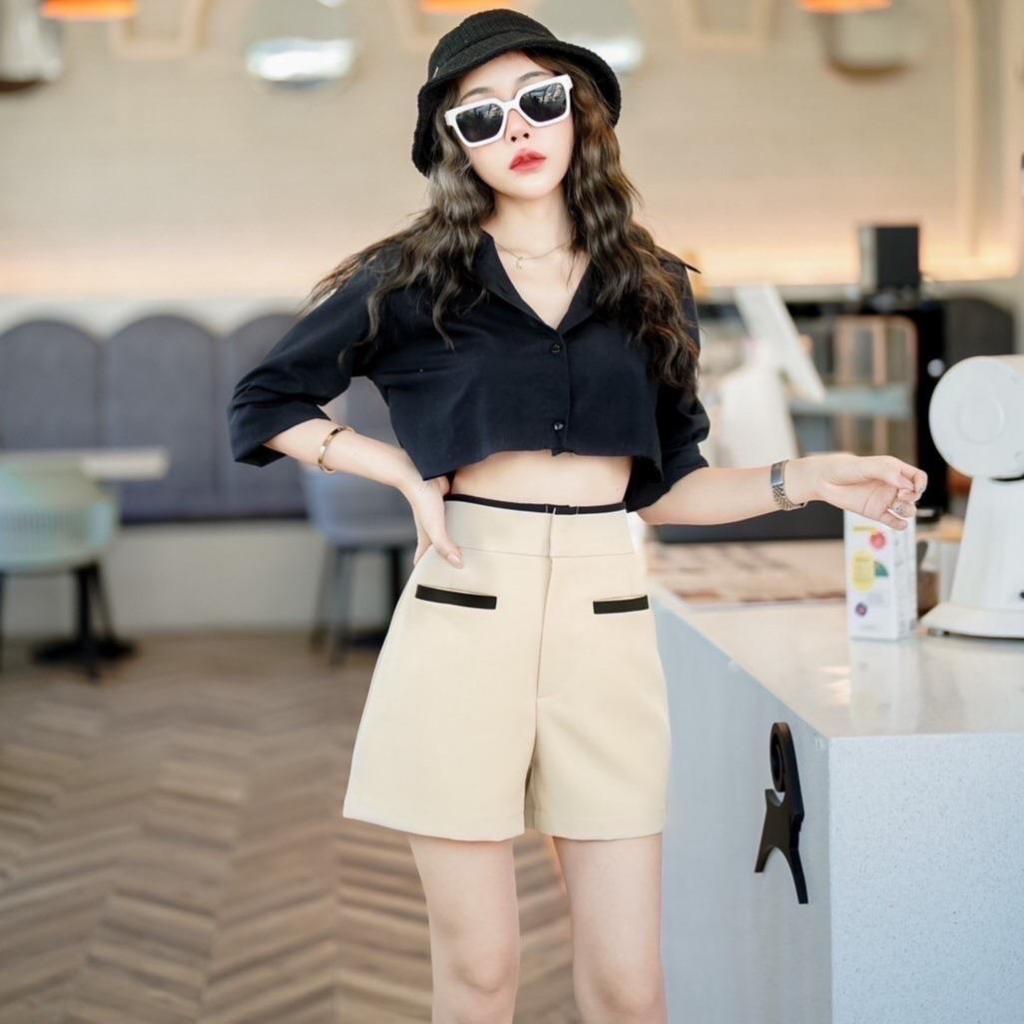 S01 TwoTone สีทูโทน (ผ้าไมโครพรีเมี่ยม) กางเกงขาสั้น เอวสูง กางเกงขาสั้นผู้หญิง ใส่สบาย ผ้าไม่ต้องรีด