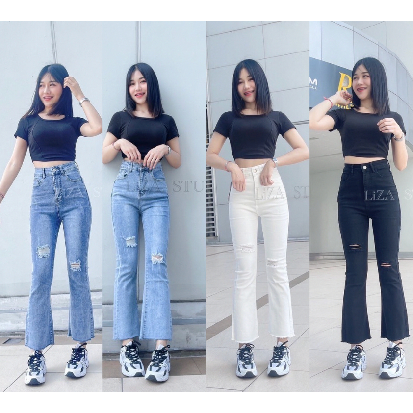 Liza พร้อมส่ง กางเกงยีนส์ขายาว ขาม้า ผ้ายืด แต่งขาด ขาตัดแบบเซอร์ๆ Slim Jean มีลูกเล่น มีกิมมิค เอวสูง ทรงเป๊ะ งานมาใหม่