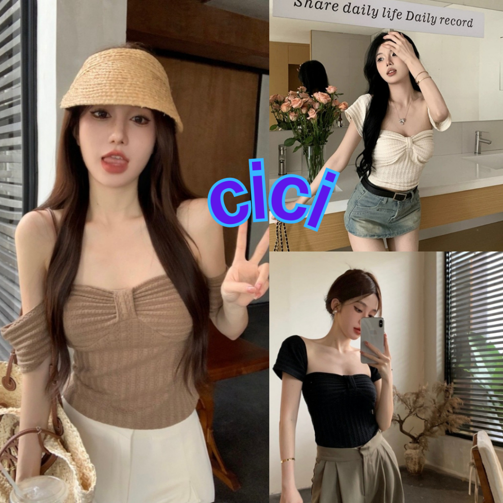 ส่งทันที Cici(J659)เสื้อแขนสั้นปาดไหล่ ใส่ได้2แบบ ดีเทลจั๊มอก น่ารักปนแซ่บ