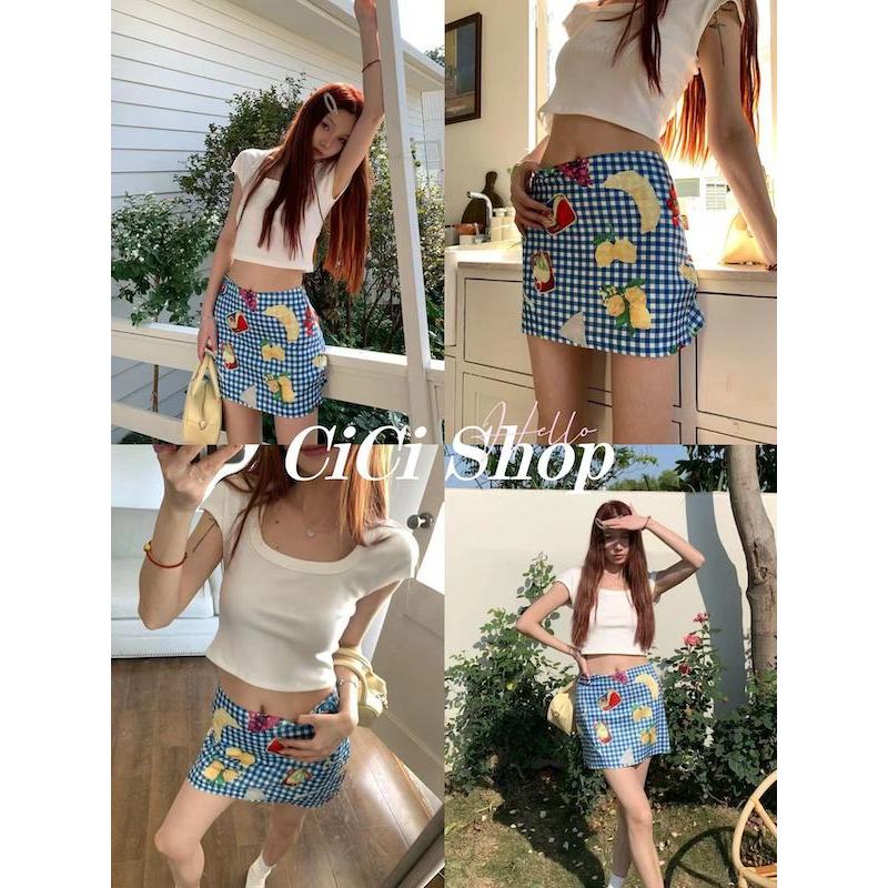 Cicishop(4015)Fruity skirt กระโปรงทรงเอสกรีนลายผลไม้เก็บทรงสวย สดใจต้อนรับซัมเมอร์