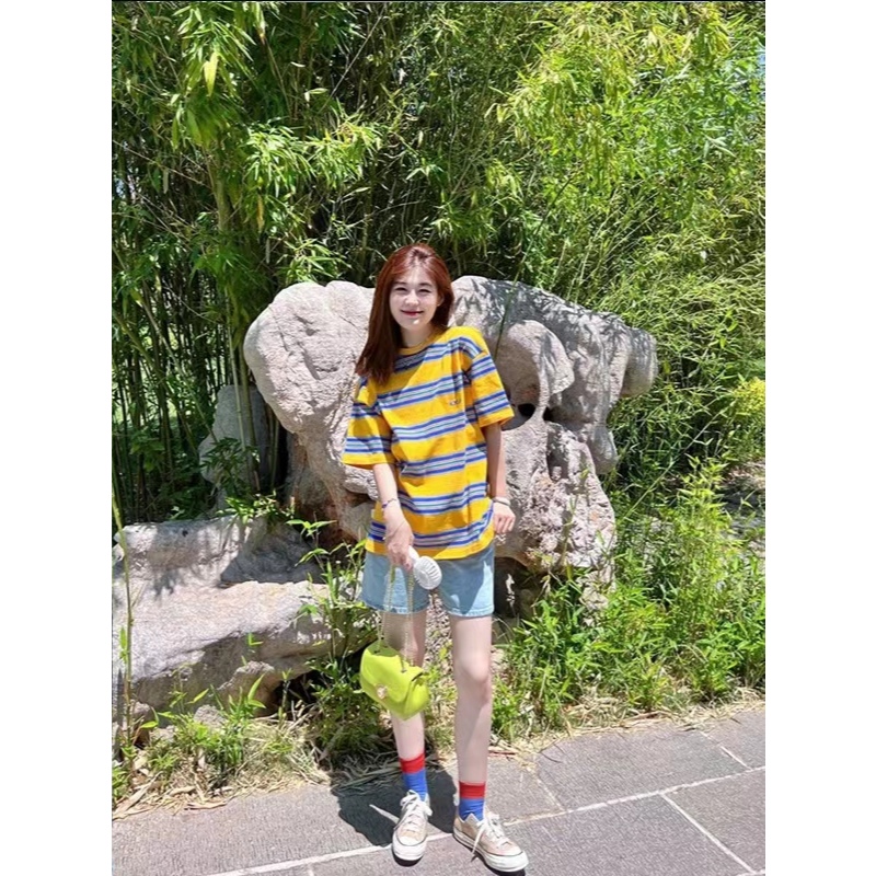 976# เสื้อยืดแฟชั่นผู้หญิง เสื้อยืดแขนสั้น ลายตรง หลวมใส่สบาย