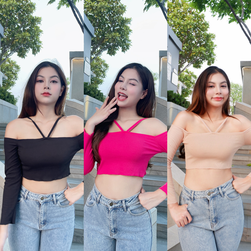 เสื้อครอปแขนยาว ปาดไหล่ สาวอวบใสได้ 🐝 ผ้าร่องยืดเยอะ ใส่ง่าย แต่งได้ทุกวัน เบสิคลุค พร้อมส่งค่า รุ่น อะตอม