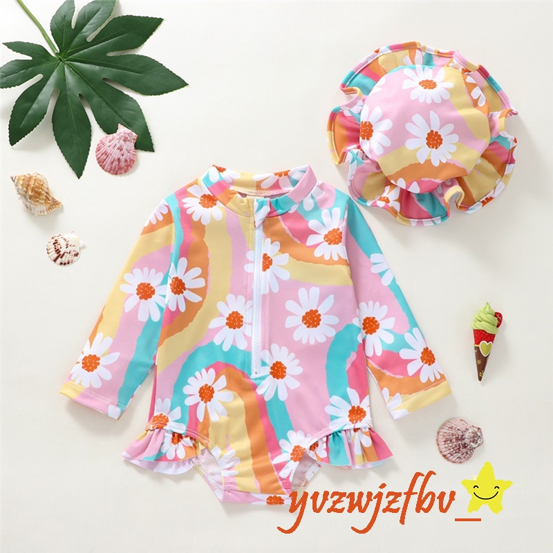 {จัดส่งจากประเทศไทย}0-4 ปี ชุดว่ายน้ําเด็กผู้หญิง แขนยาว คอตั้ง ซิป ชายหาด บอดี้สูท ชุดว่ายน้ํา + หมวก