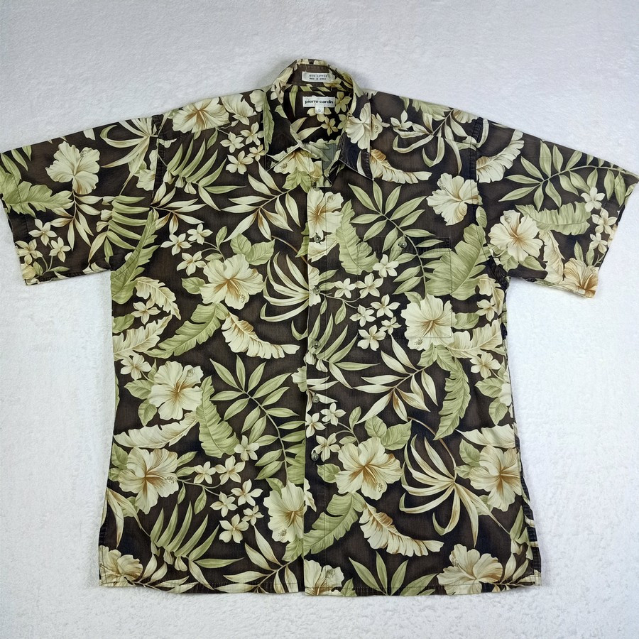 เสื้อฮาวาย Pierre Cardin Men Hawaiian Shirt Floral Sz Large