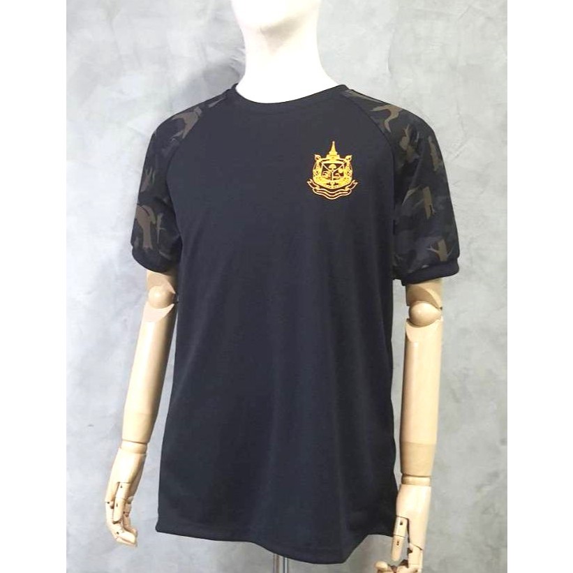 เสื้อยืดดำแขนจั๊ม "ลายพรางดำ" (อุทยาน) ผ้ากีฬา/เครื่องแบบอุทยาน/สวมใส่ได้ทั้งผู้หญิงและผู้ชาย/สกรีนตรากระทรวงทรัพฯ