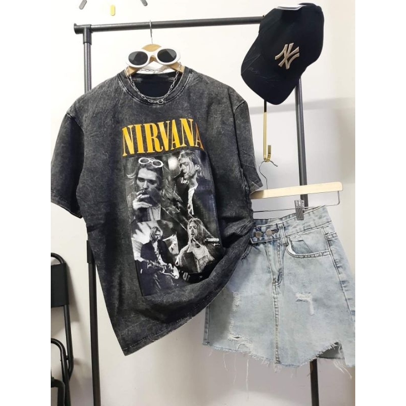 เสื้อยืดผ้าฟอกวินเทจ ลายวง nirvana