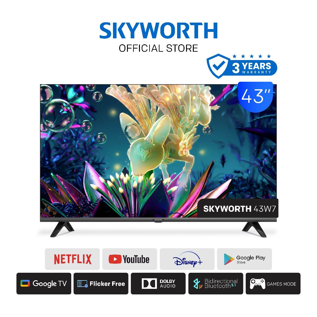 [New2023] SKYWORTH TV 43W7 ทีวี 43 นิ้ว Google Smart  TV FHD 1080P HDR10 Remote Voice Control HDMI*2-USB*2 Netflix &amp;Yo