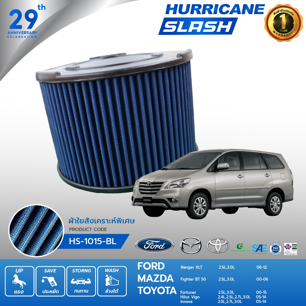 HURRICANE SLASH กรองอากาศผ้าน้ำเงินรุ่นใหม่ล่าสุด Ford (Ranger, Mazda Fighter BT 50), Toyota Fortuner HS-1015-BL