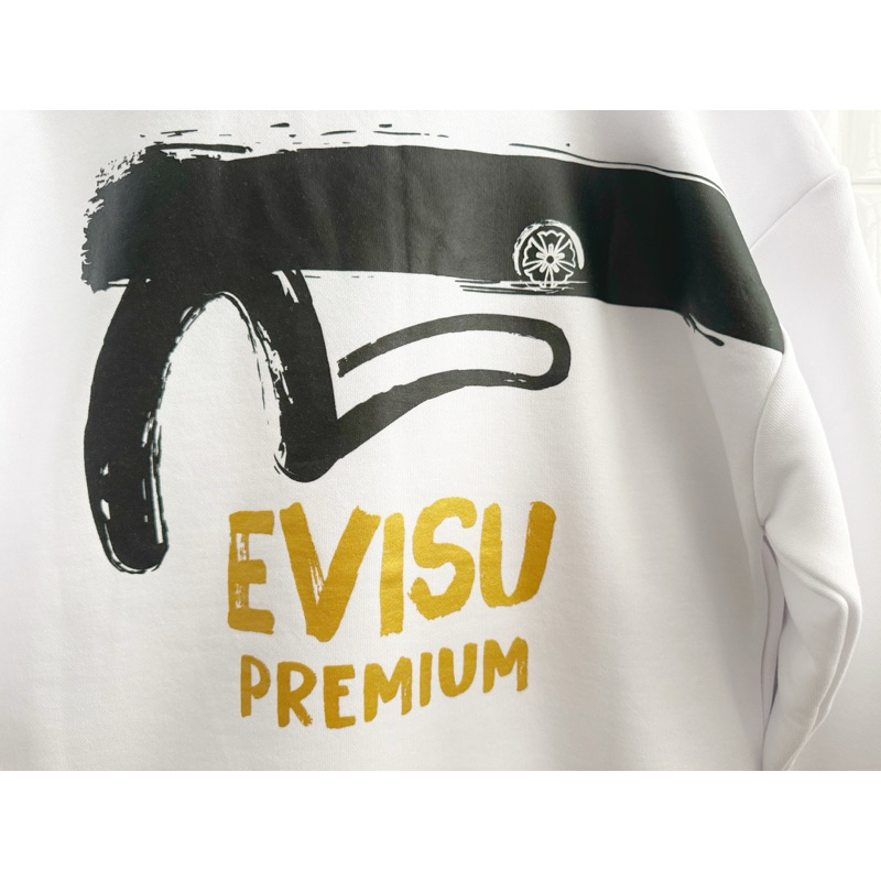 [พร้อมส่ง]_EVISU Hoodie สีขาว สกรีนหลัง Evisu Premium ผ้า Cotton ไม่ใช่ผ้าสำลี ไม่หนามาก ด้านหน้าสกรีนโลโก้ Evisu
