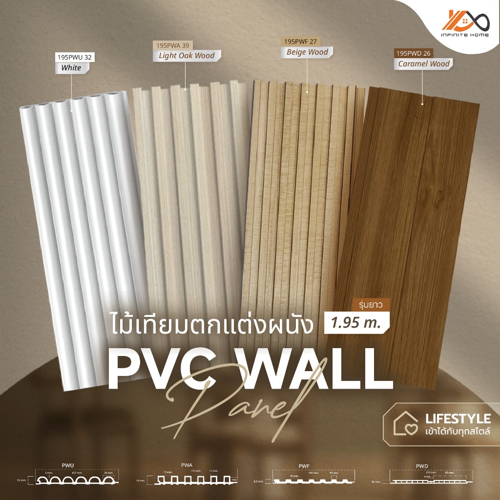 ไม้ผนัง 1.95 เมตร รุ่น PWF PWD PWA PWU สำหรับภายใน ไม้เทียมติดผนัง ลายไม้ มินิมอล