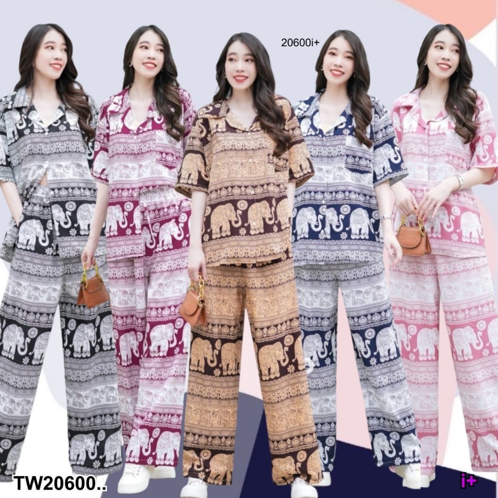 TwinsShopVip💗พร้อมส่ง TW20600 set 2 ชิ้น เสื้อพี่ช้าง คอฮาวาย แขนสั้น + กางเกงลายช้าง กางเกงช้าง ..