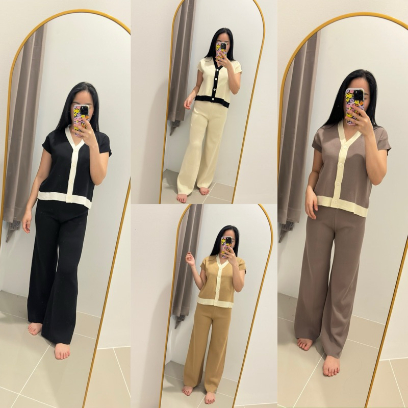 พร้อมส่ง ชุดเซ็ท2ชิ้น เสื้อแขนสั้นคอวี สีพื้น กางเกงขายาว ผ้าไหมพรมเกรดพรีเมี่ยม ชุดSetผู้หญิง