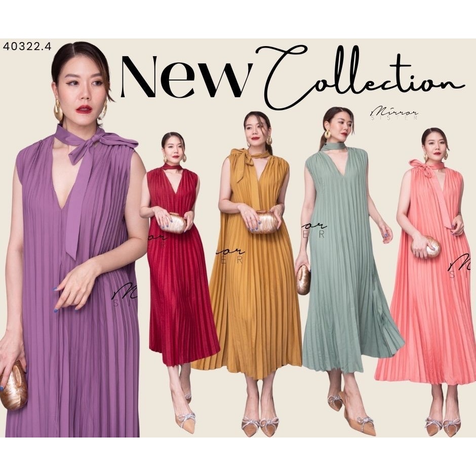 ป้าย MirrorSister 's MagNě PLeaTed DReSS 40322.4 เดรสพลีท แขนกุด ทรงหลวม แพทเทรินสวยใส่ง่าย ช่วงคอV ดีเทลเก๋ มีเชือกให้