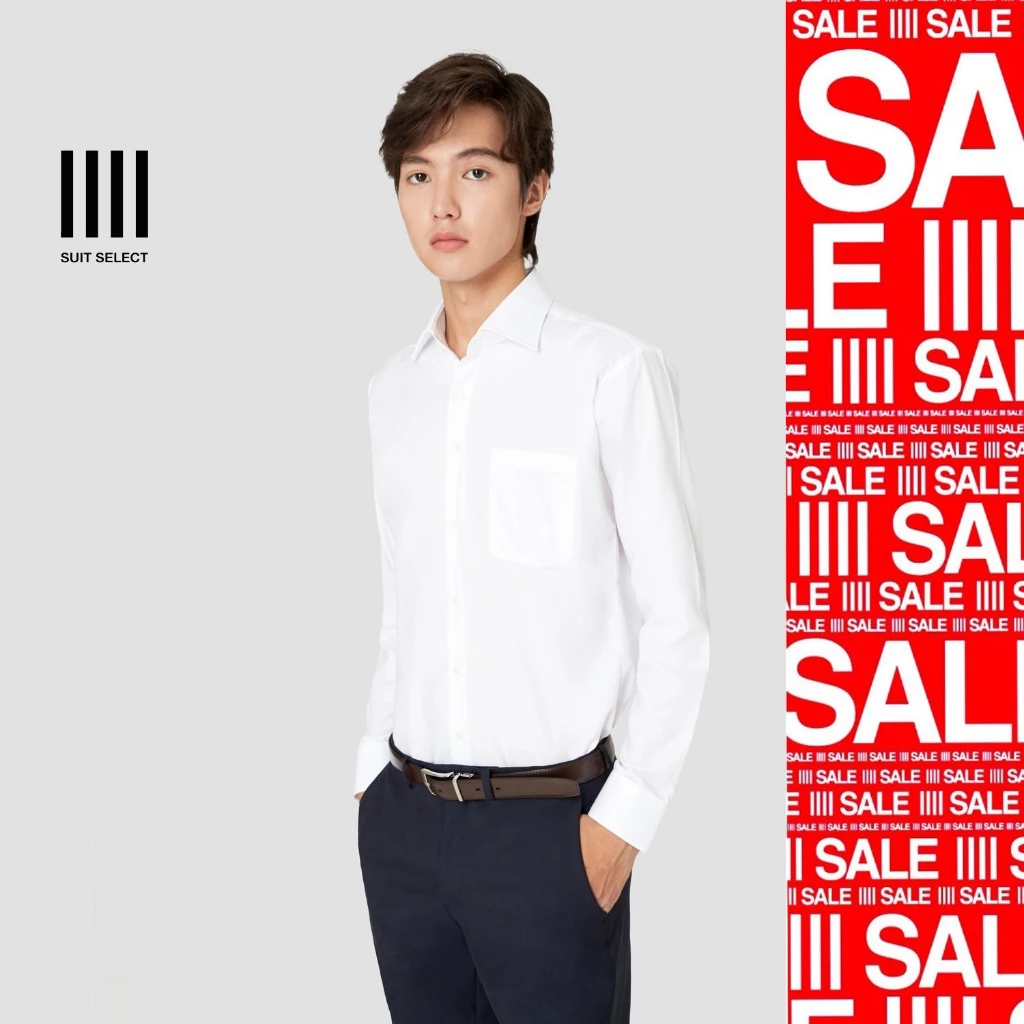 SUIT SELECT Wide Spread Dobby Shirt (White) เสื้อเชิ้ตผู้ชายสีขาว ทรงสลิม เสื้อเชิ้ตทำงาน