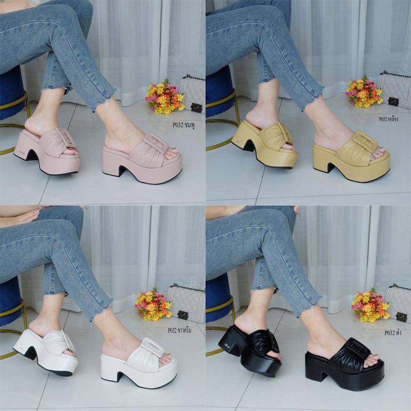 รองเท้าผู้หญิง ส้นตึกหน้าโบว์ ทรงสวมนุ่มนิ่ม (รหัส P032)