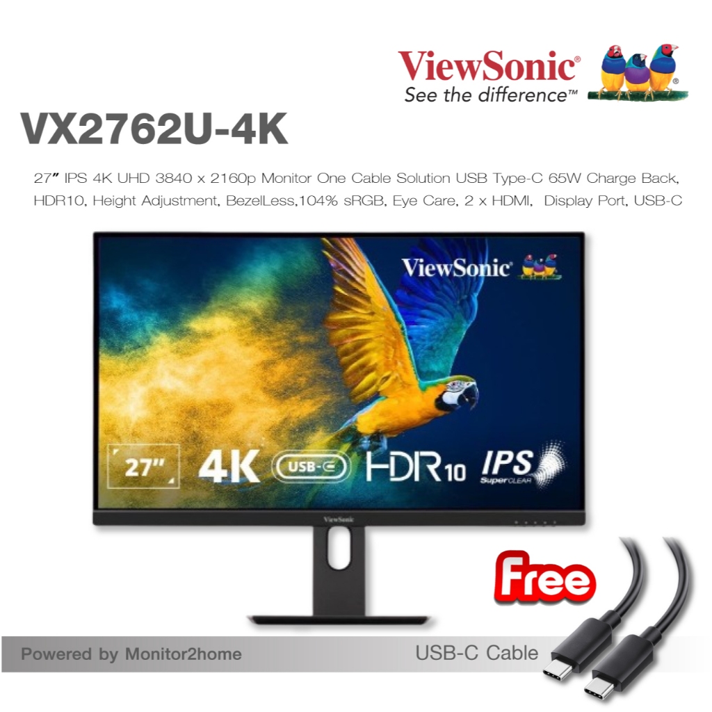 ViewSonic VX2762U-4K 27 Inch IPS 4K UHD 3840 x 2160p Monitor USB Type-C 65W Charge Back, HDR10, Height Adjustment.
