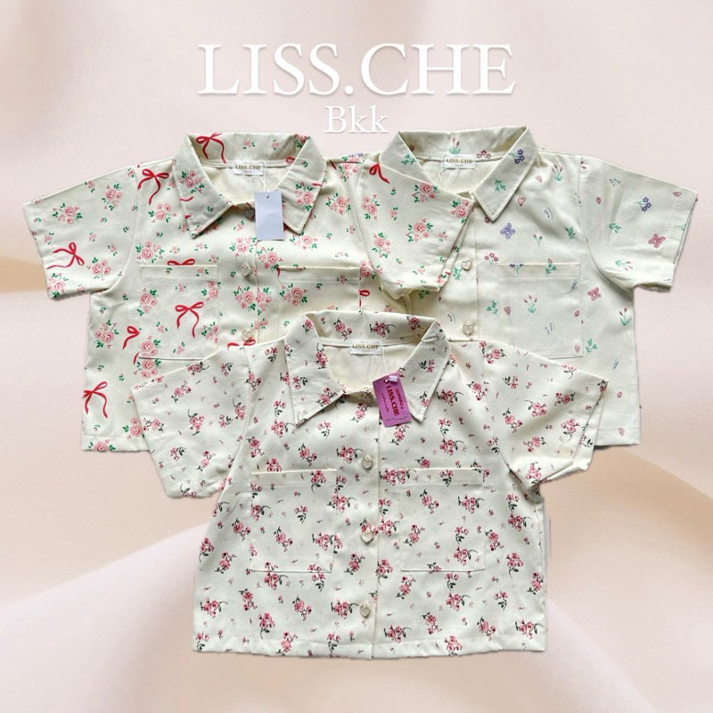 พร้อมส่ง lissche.flowers เสื้อคอกปกแขนสั้น ยีนส์ดอกไม้ กระดุมหัวใจทอง