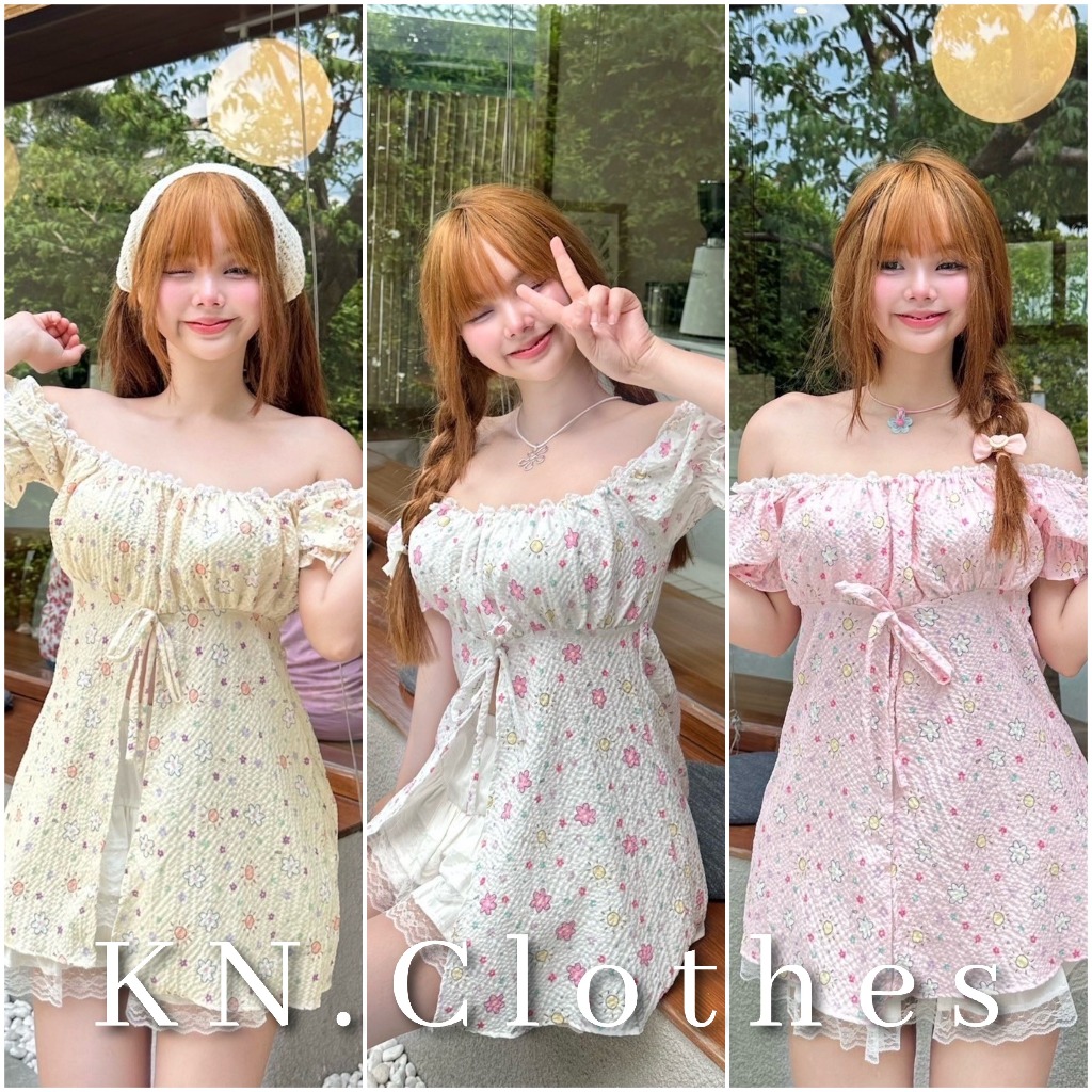 Nusa.Style เสื้อมินิเดรสแขนตุ๊กตา ผ่าหน้า แต่งโบว์ พิมพ์ลายน่ารัก