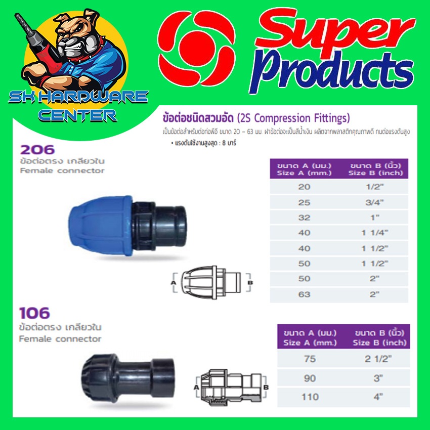 ข้อต่อตรง เกลียวใน PE HDPE ล็อก มีขนาด 20mm-63mm ยี่ห้อ SUPER PRODUCTS