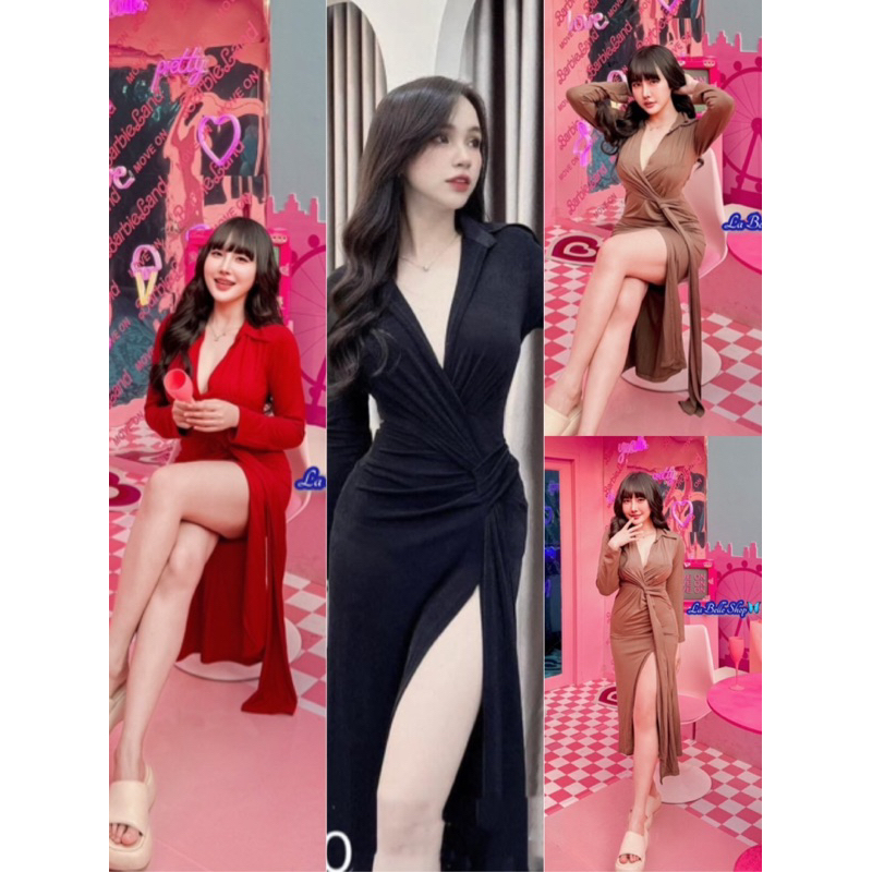 เดรสคอปกแขนยาวผ่าข้างเรียบแต่แซ่บมาก เติมดำ