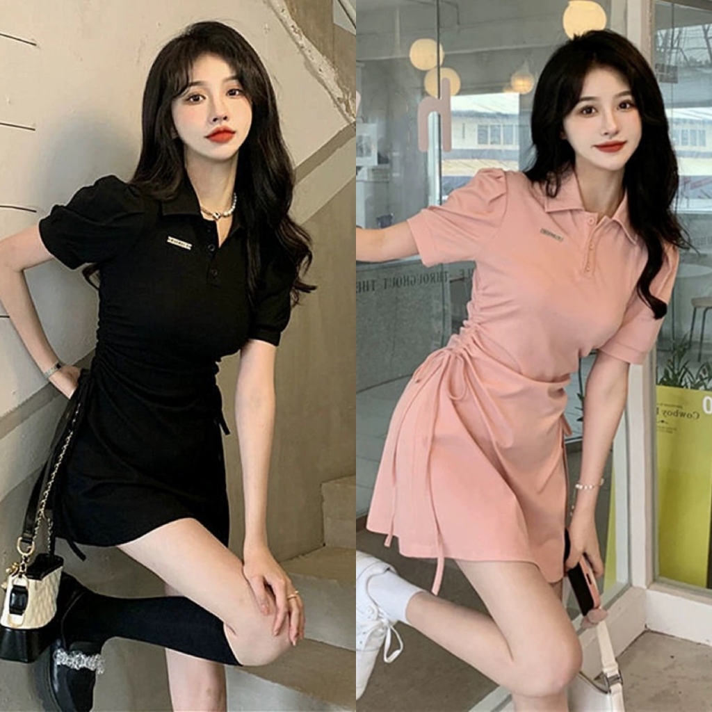 ชุดเดรสผู้หญิงมีเชือกผูกเอว แขนสั้น คอปกโปโล