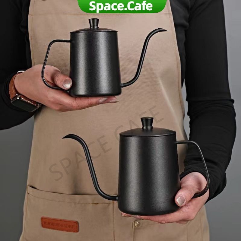 [Space.Cafe]กาดริปกาแฟ พร้อมฝา สีเงิน/สีดำ ดริปเปอร์ Stainless Pour-Over Coffee Drip Pot