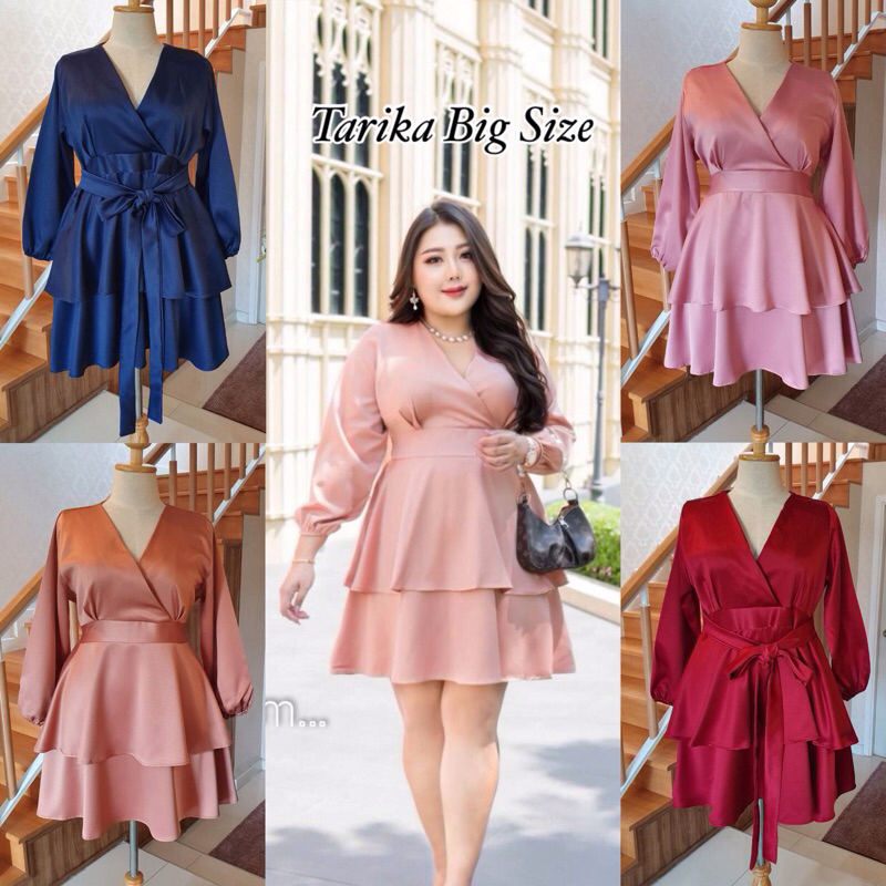 Plus size ชุดเดรสกระโปรงระบาย แขนยาว มีโบว์ผูกหลัง ชุดออกงาน เดรสสั้น สาวอวบ คนอ้วน ไซส์ใหญ่ แบรนด์ Looknam ผ้าซาร่า