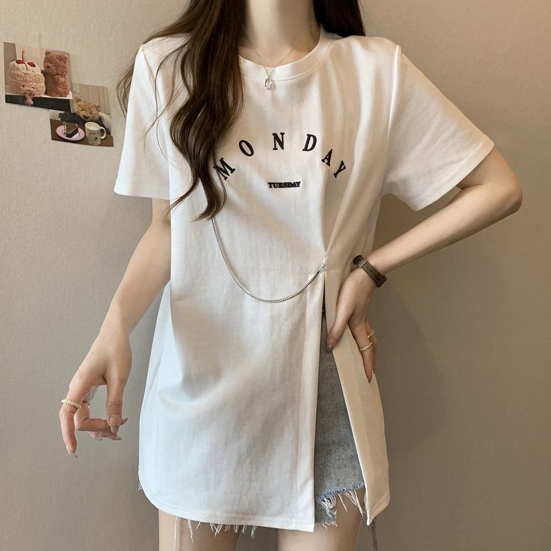 เสื้อยืดแขนสั้นผู้หญิงฤดูร้อน 2024 สไตล์ใหม่สไตล์ยาวปานกลางไม่สม่ำเสมอ