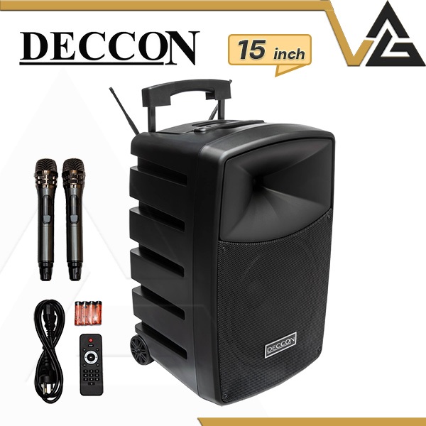 DECCON AK15-201 ตู้ลำโพง 15นิ้ว ลำโพงบลูทูธ Bluetooth Speaker ไมค์ลอย UHF 2ตัว ลำโพงล้อลาก