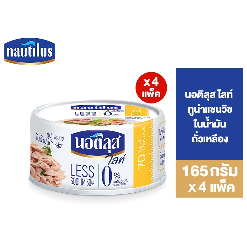 [แพ็ก 4] Nautilus Lite Tuna Sandwich In Oil นอติลุส ไลท์ ทูน่าแซนวิชในน้ำมันถั่วเหลือง 165ก.