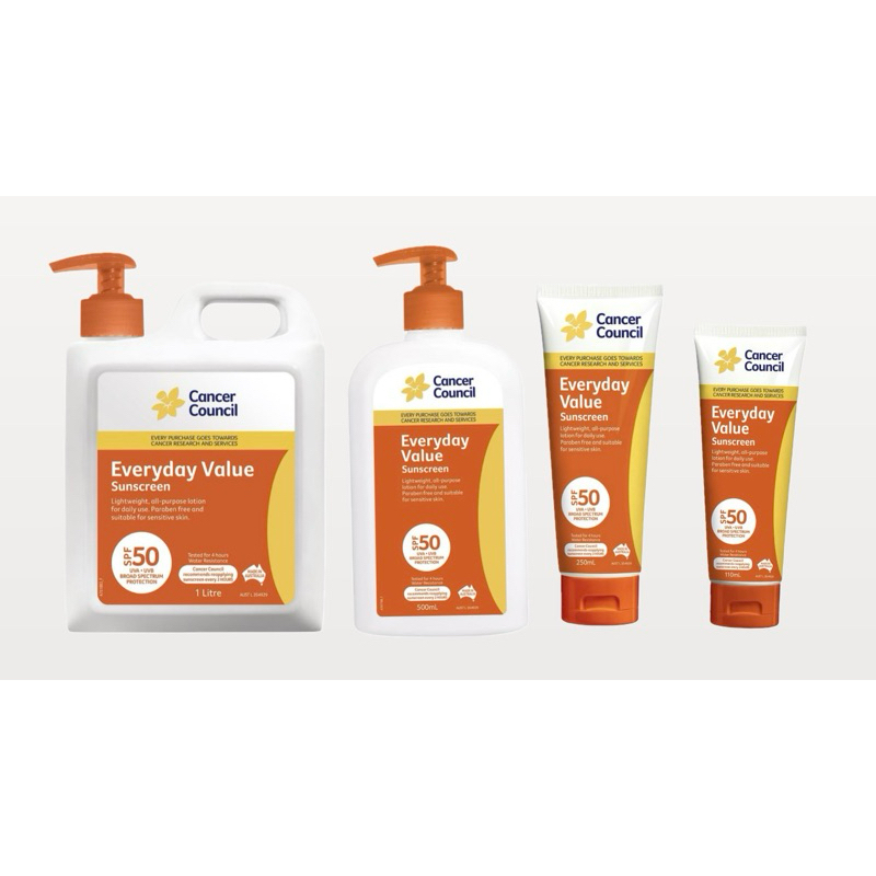 มีให้เลือก4แบบ4ขนาดไปเลย EXP27 Cancer Council SPF 50+ Everyday Value 1L 500ml 250ml 110ml
