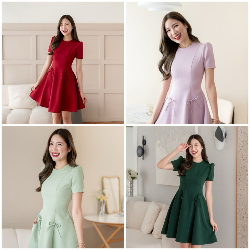 PD218 Pretty Dress เดรสคอกลม แต่งโบว์
