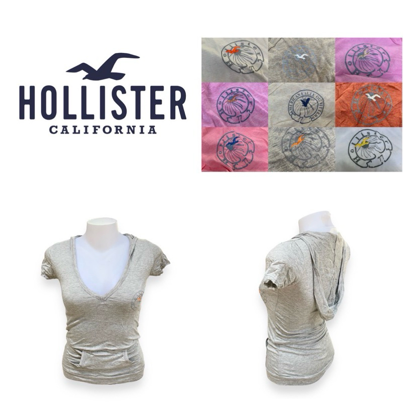 Hollister (ฏ/2) เสื้อยืดคอวี มีฮู้ด มีหลายสี มีกระเป๋าหน้า มีตำหนินิดหน่อย พร้อมส่ง🩷