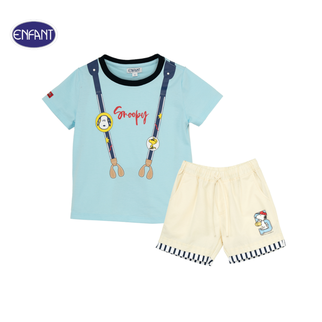 ENFANT (อองฟองต์) ชุดเสื้อแขนสั้นสีฟ้า+กางเกงสามส่วนสีกากี สำหรับเด็กอายุ 3-6 เดือน คอลเล็กชั่น สนูปี้ ผ้าคอตตอน 100%