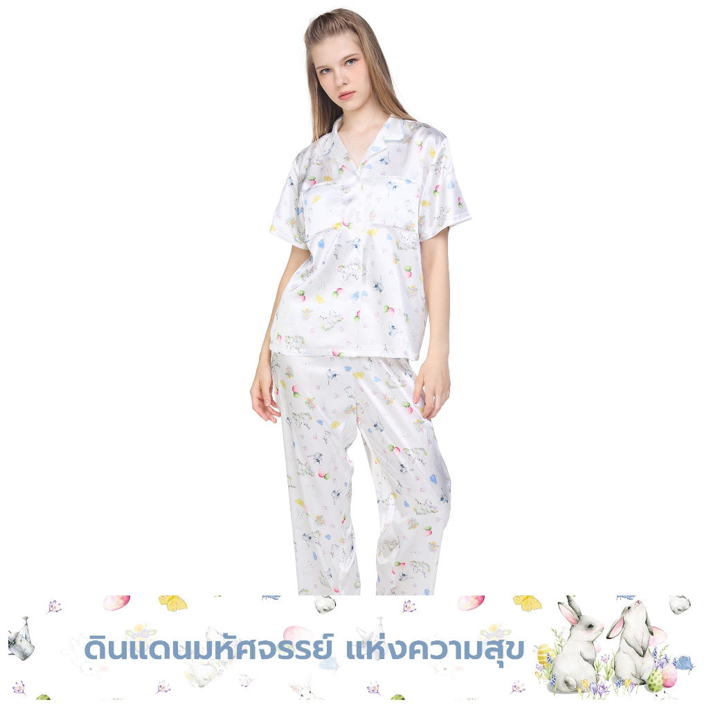 Wacoal X Meraki Alice Collection เซทชุดนอนกันโป๊แขนสั้น ขายาว ลายกระต่ายฮีสเตอร์ รุ่น WN7D35 สีขาว (WH)