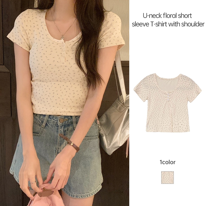 U-neck Floral Short Top Slim Fitting Bottoming Shirt เสื้อยืดแขนสั้นผู้หญิงสด เสื้อครอปเเขนสั้นสีนวลลายดอกไม้ สไตล์เกาหล