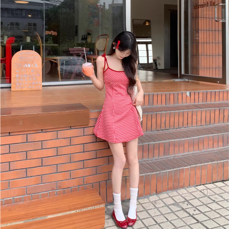 aililai1688 มินิเดรสสั้น สายเดี่ยวผูกโบว์ได้ คอเหลี่ยม เดรสเข้ารูป สวยใสน่ารักลูกคุณเวอร์ สาวๆควรมี