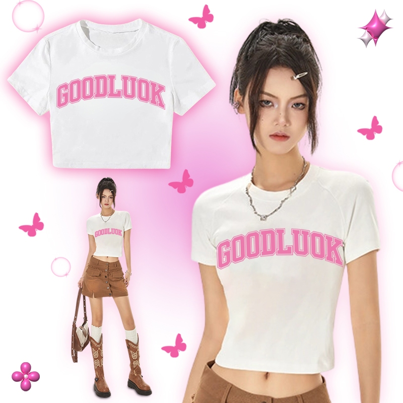 TeddyTee “GOODLUCK” baby tee อกใหญ่ crop top y2k เเขนสั้น S-XL ส่งจากไทย