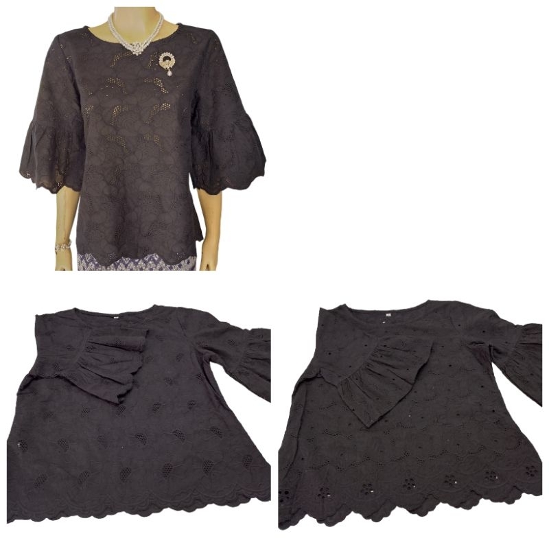 เสื้อลูกไม้คอปาด แขน 3  ส่วนระบายเป็นพ่วง สีดำ มีเบอร์ 38-44
