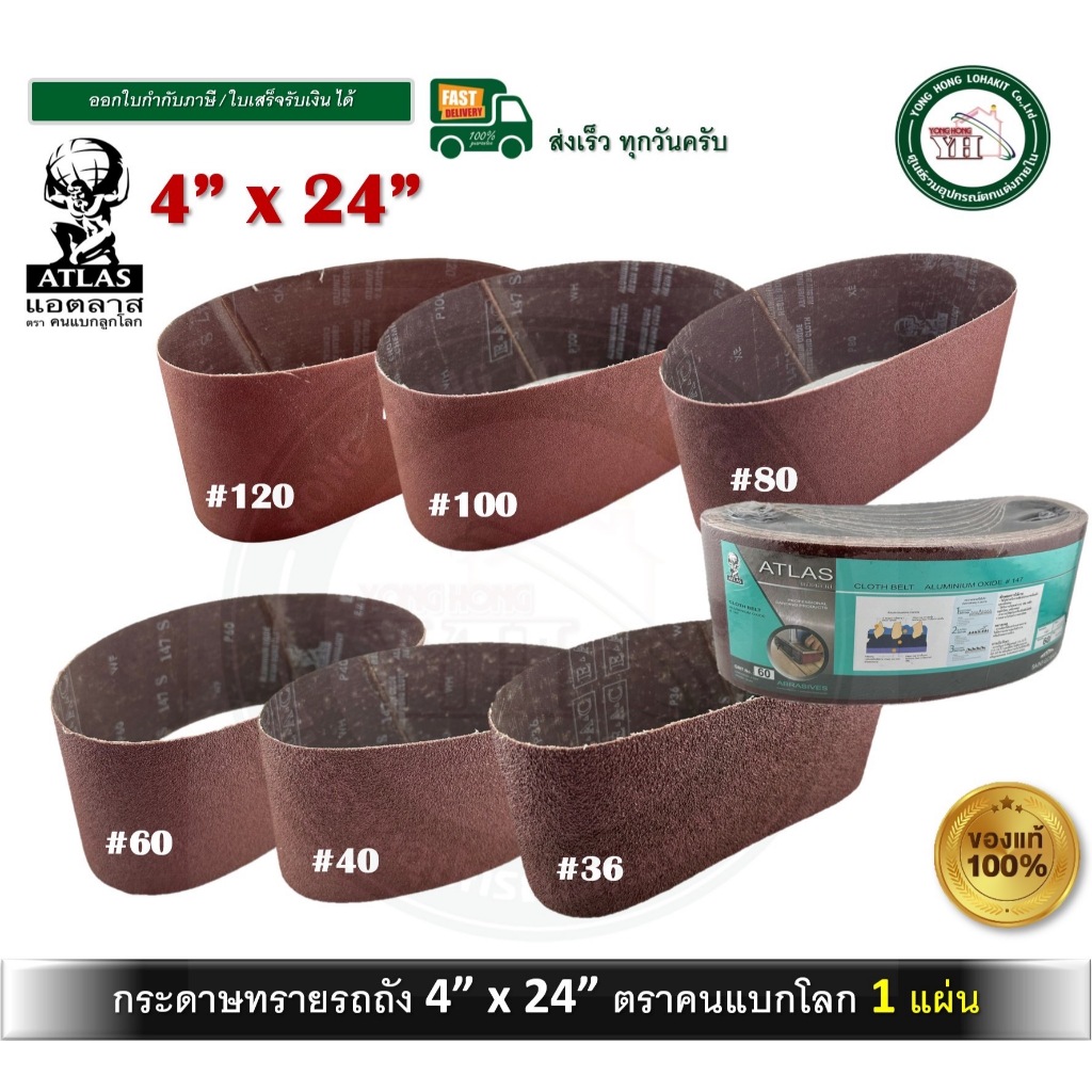 กระดาษทราย กระดาษทรายรถถัง กระดาษทรายสายพาน ตราคนแบกโลก  ATLAS 36 40 60 80 100 120 บรรจุ 1 แผ่น