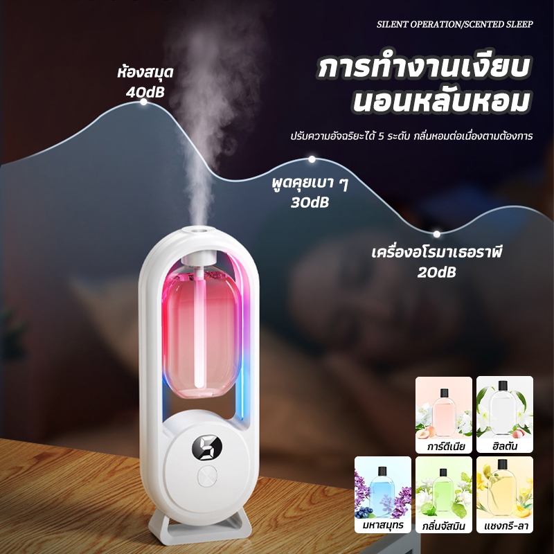 เครื่องฟอกอากาศอโรมา ฟอกอากาศ ชาร์จ USB ไฟสี LED 5 การปรับเกียร์ แบบชาร์จไฟได้ ปริมาณน้อย กระจายกลิ่นหอมยาวนาน